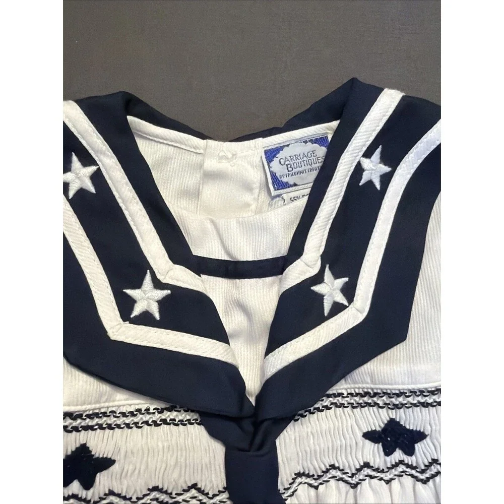 Vintage Friedknit Creations Smocked Nautical 12 Month Baby Girl Dress Stars